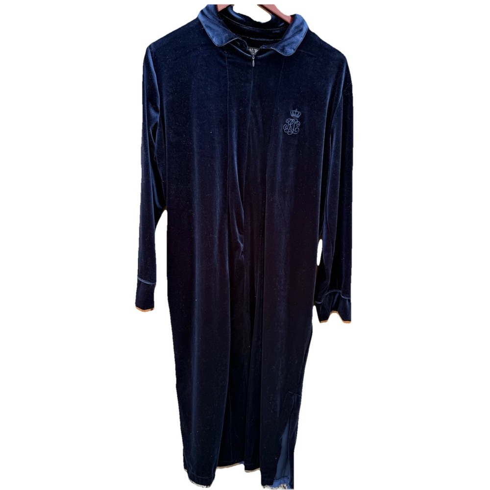 Ralph Lauren Velvet Robe Size M Navy Full Length House Coat w‎ Crest Full Zip